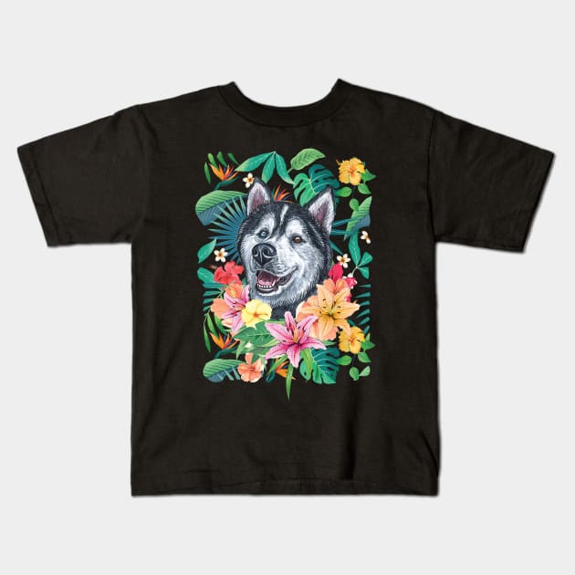 Tropical Siberian Husky 10 Kids T-Shirt by LulululuPainting